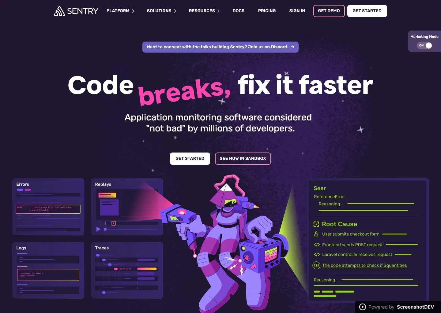 Screenshot of sentry.io